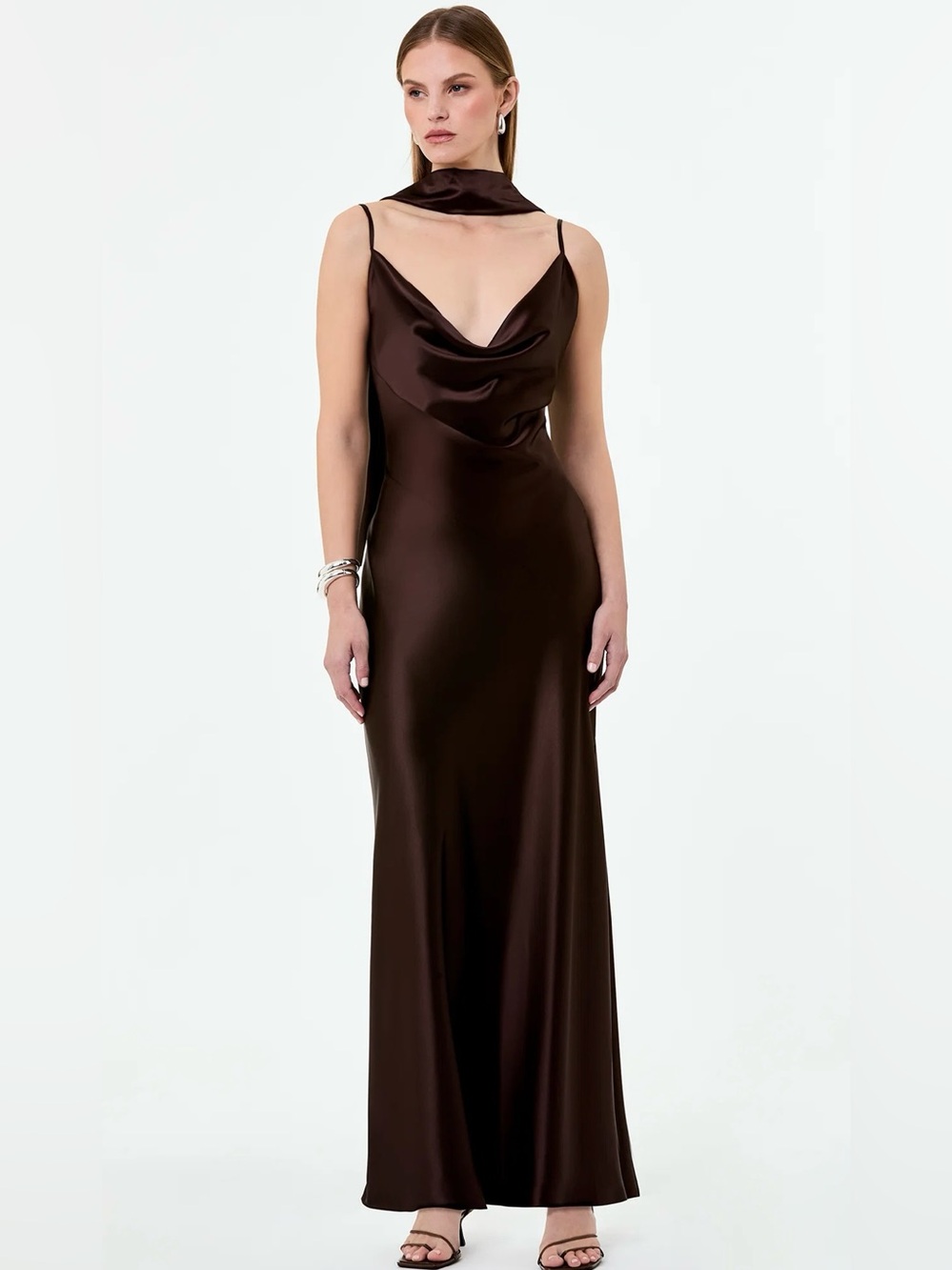 NICHOLAS Geneva Cacao Satin Cowl Neck Gown Dress Size 6 NWT
